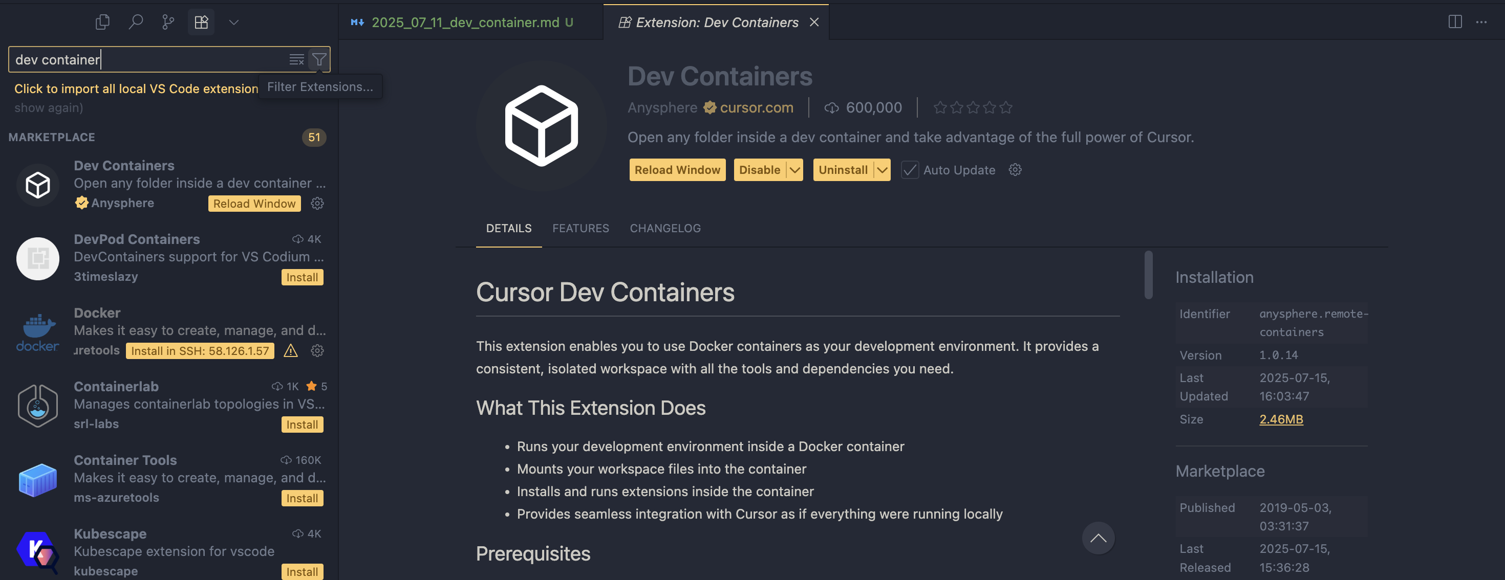 devcontainer 익스텐션 사진